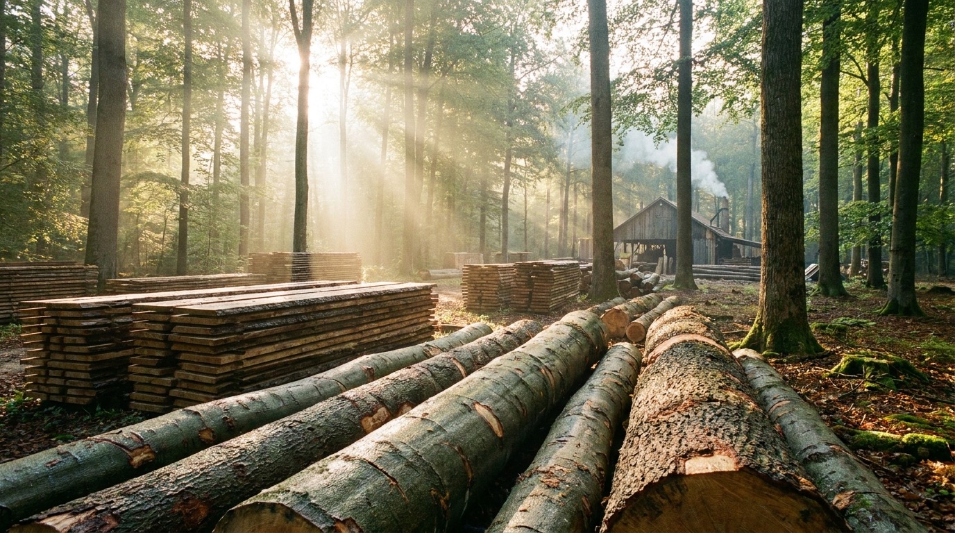 European forest with harvested timber