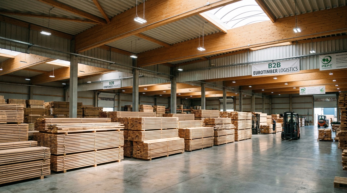 Timber warehouse with stacked European lumber